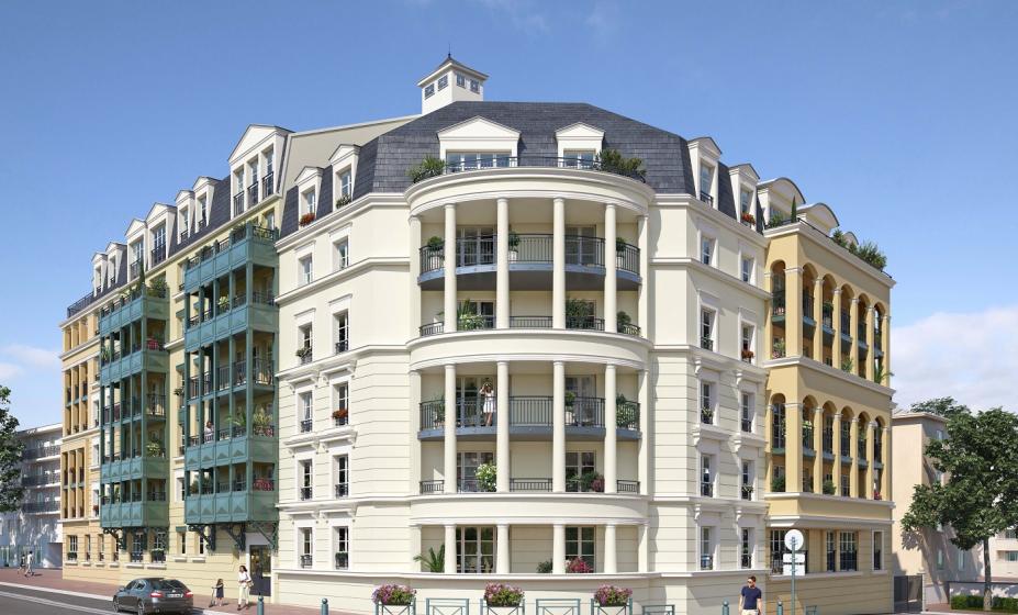Perspective de la résidence Villa Impériale, au Plessis-Robinson, au croisement de l’avenue Aristide Briand et de la rue Pierre d’Artagnan – ICADE / Breitman & Breitman
